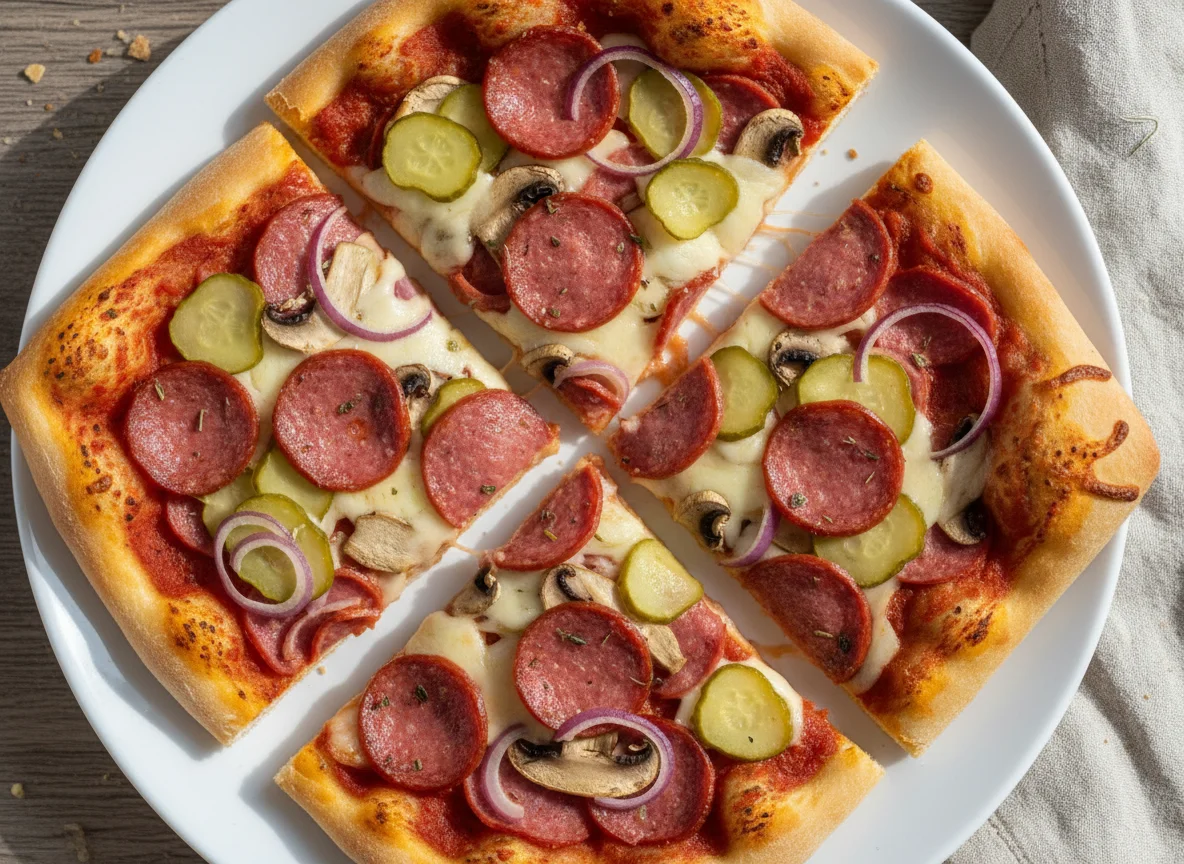 Кусочки пиццы с пепперони, грибами и солеными огурцами photo