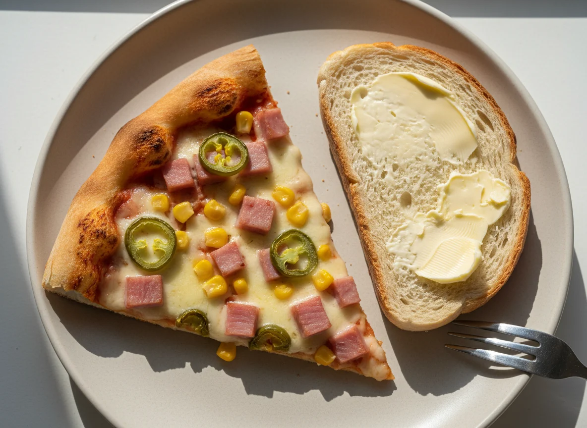 Кусок пиццы и хлеб с маслом photo