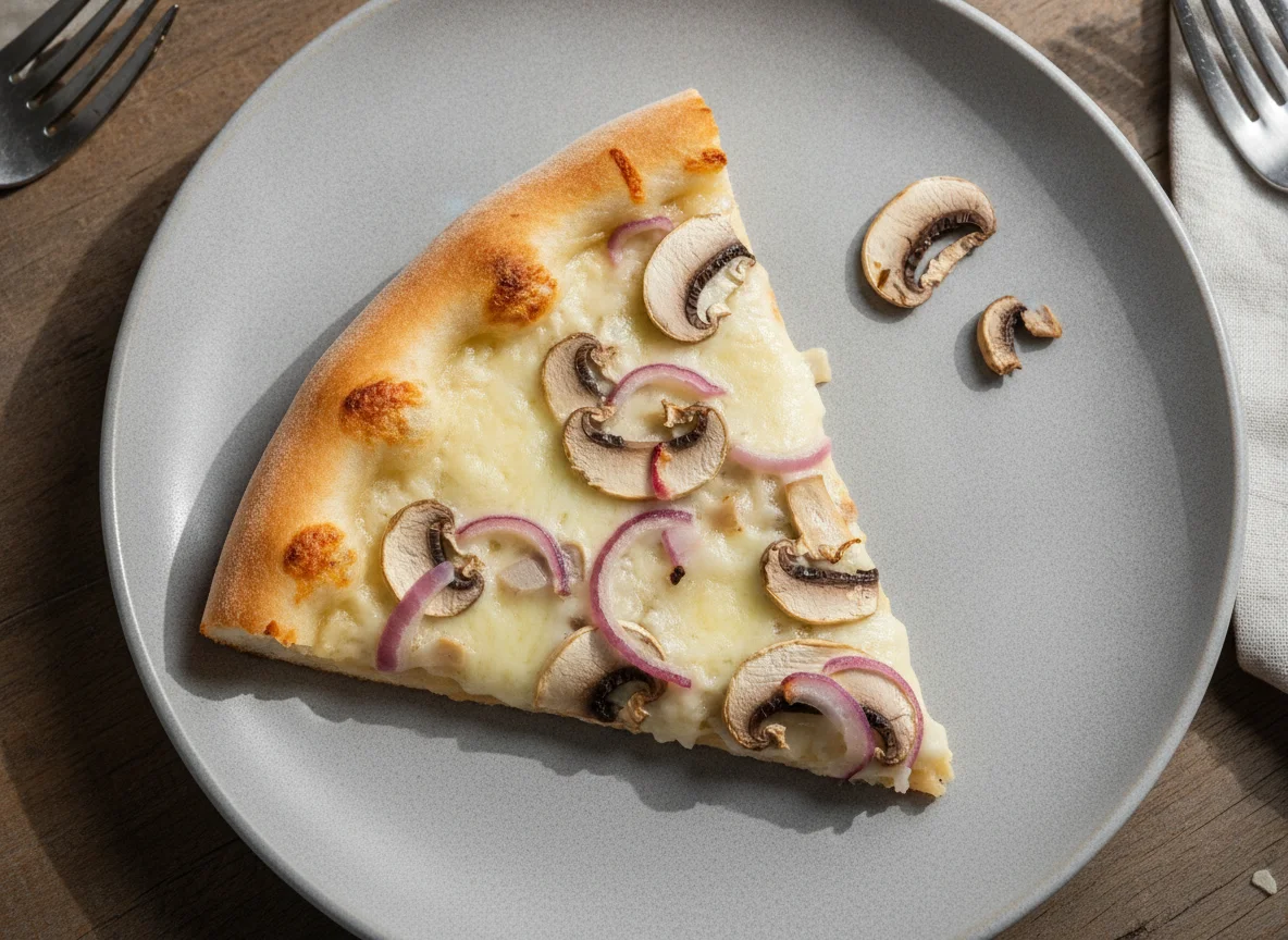 Кусок пиццы с грибами и луком photo