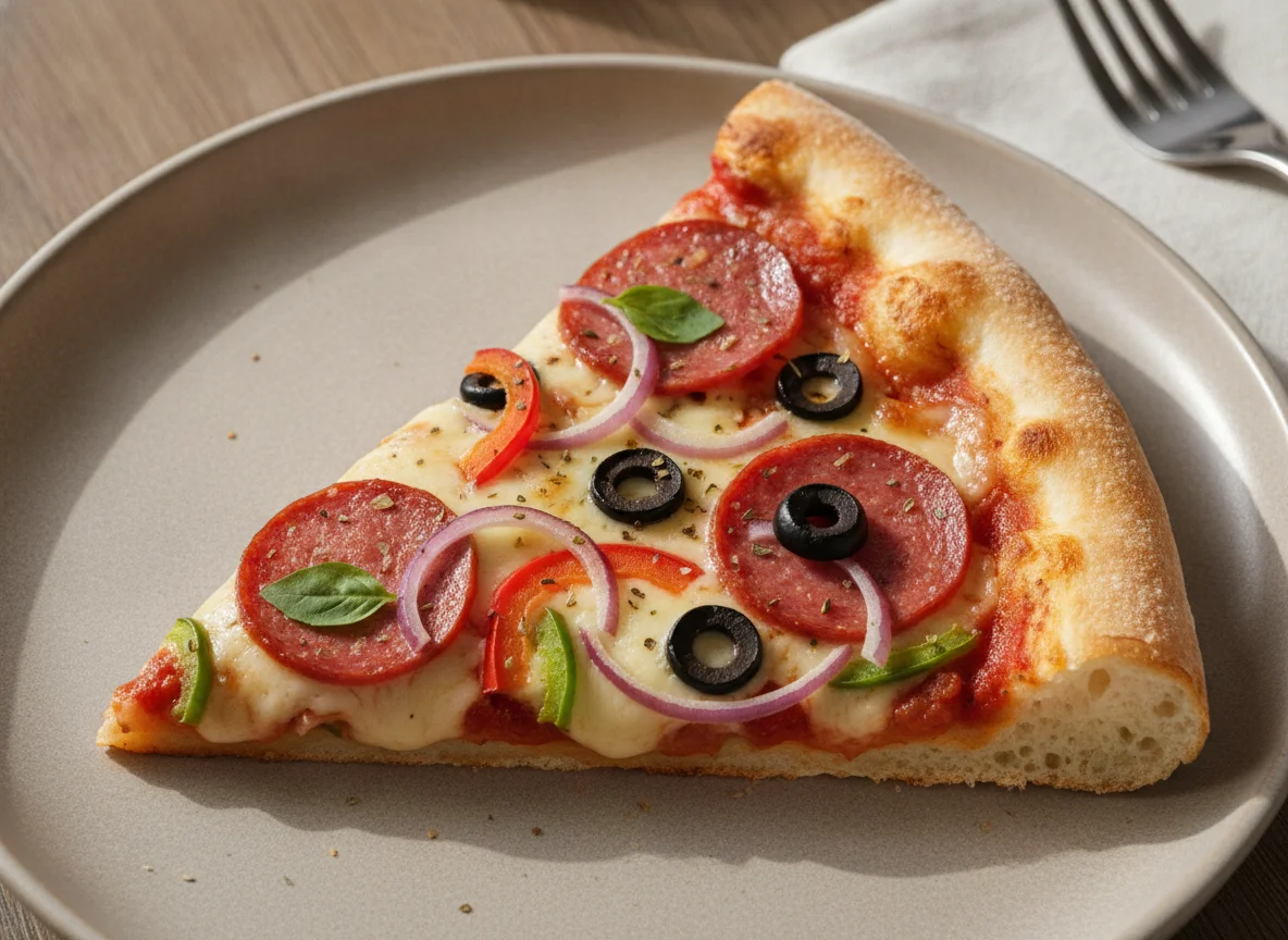 Кусок пиццы с пепперони и овощами photo