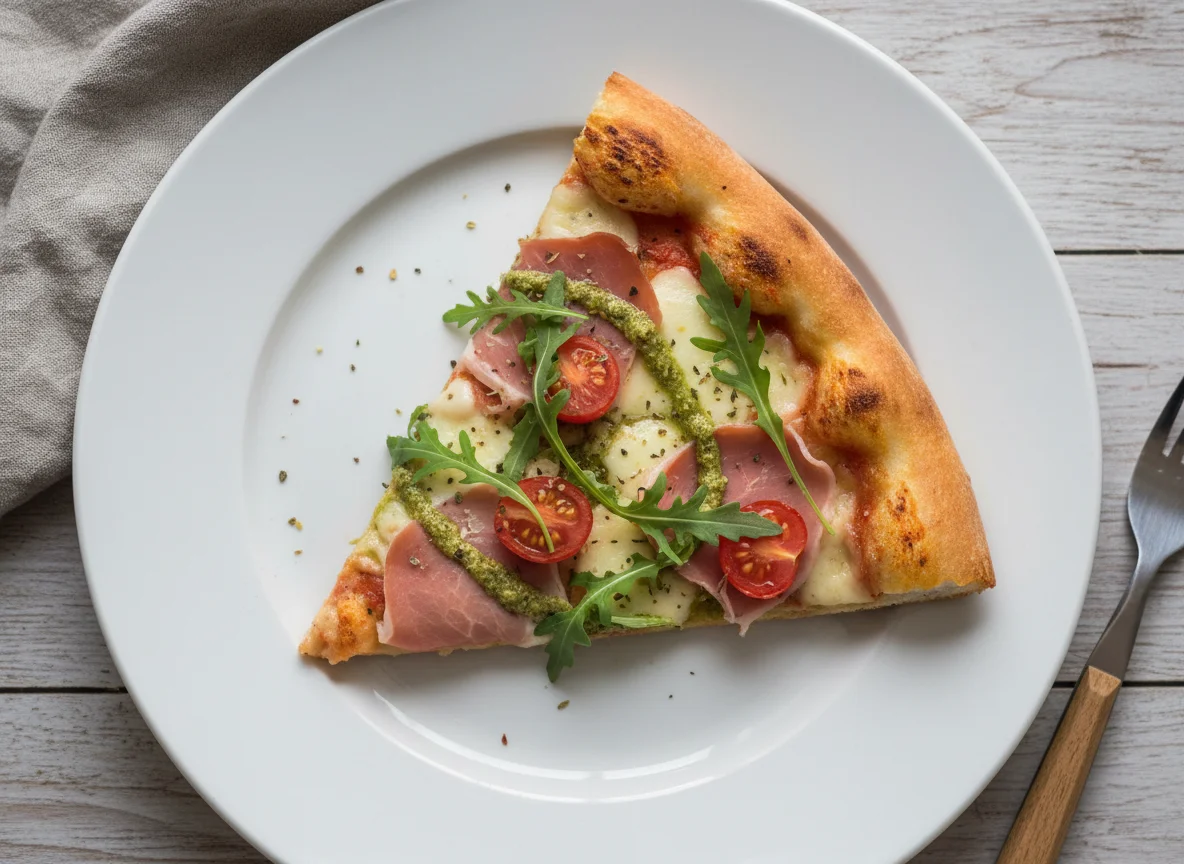 Кусок пиццы с ветчиной и песто photo