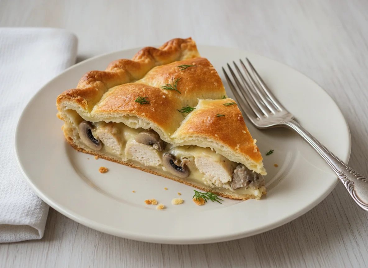 Кусок пирога с курицей и грибами photo