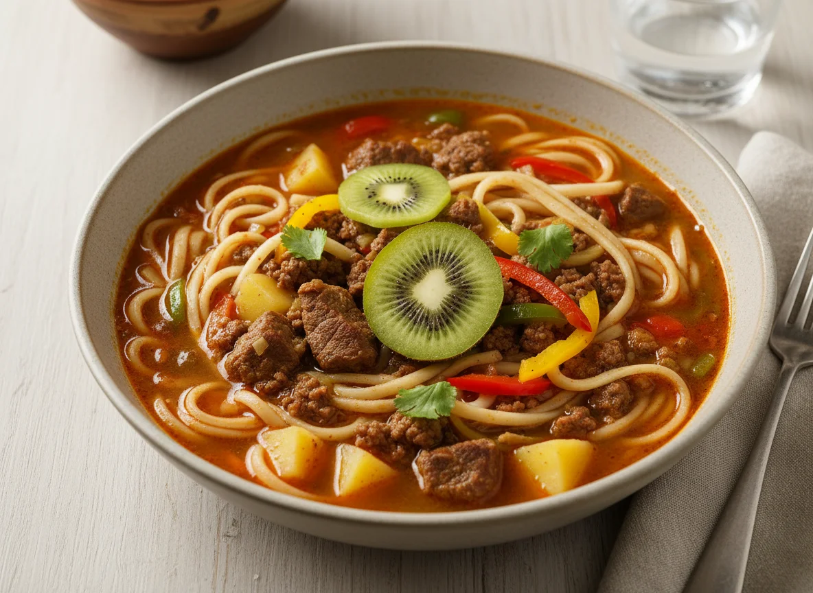 Лагман с мясом, суп и киви photo