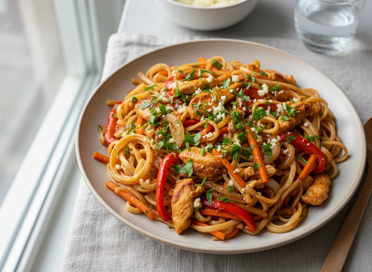 Лагман жареный с курицей photo