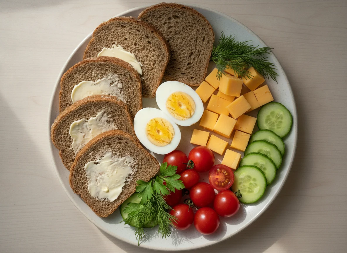 Ланч-бокс с яйцами, хлебом и овощами photo