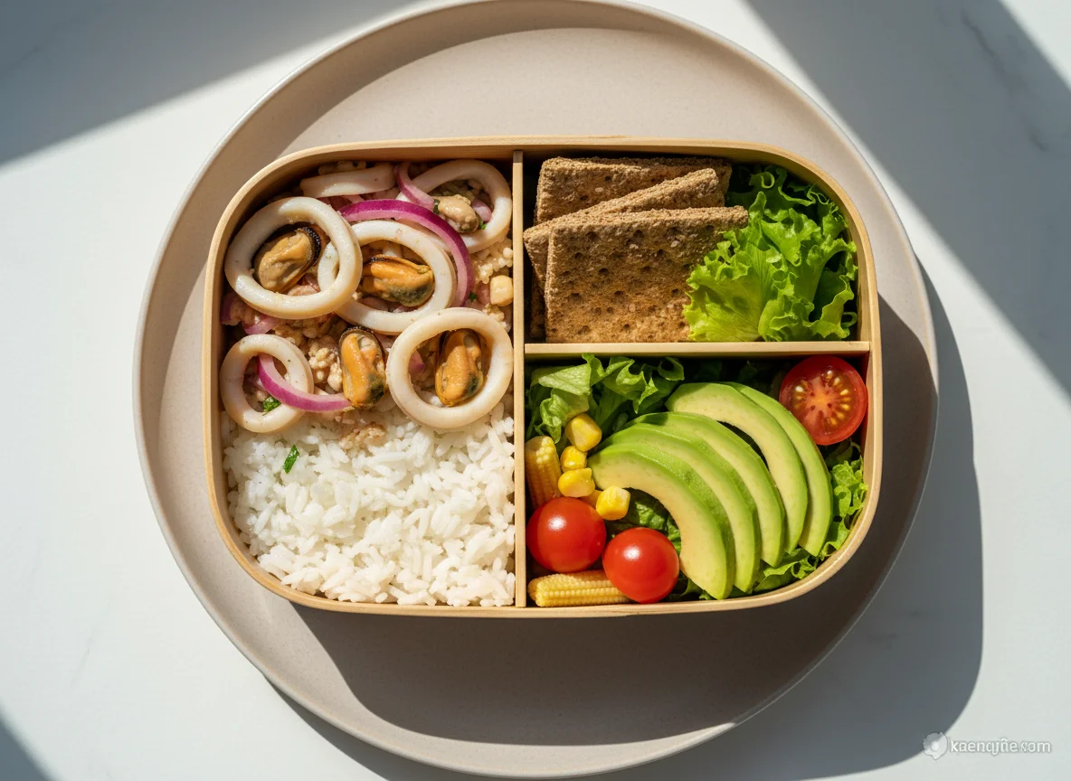 Ланч-бокс с морепродуктами и овощами photo