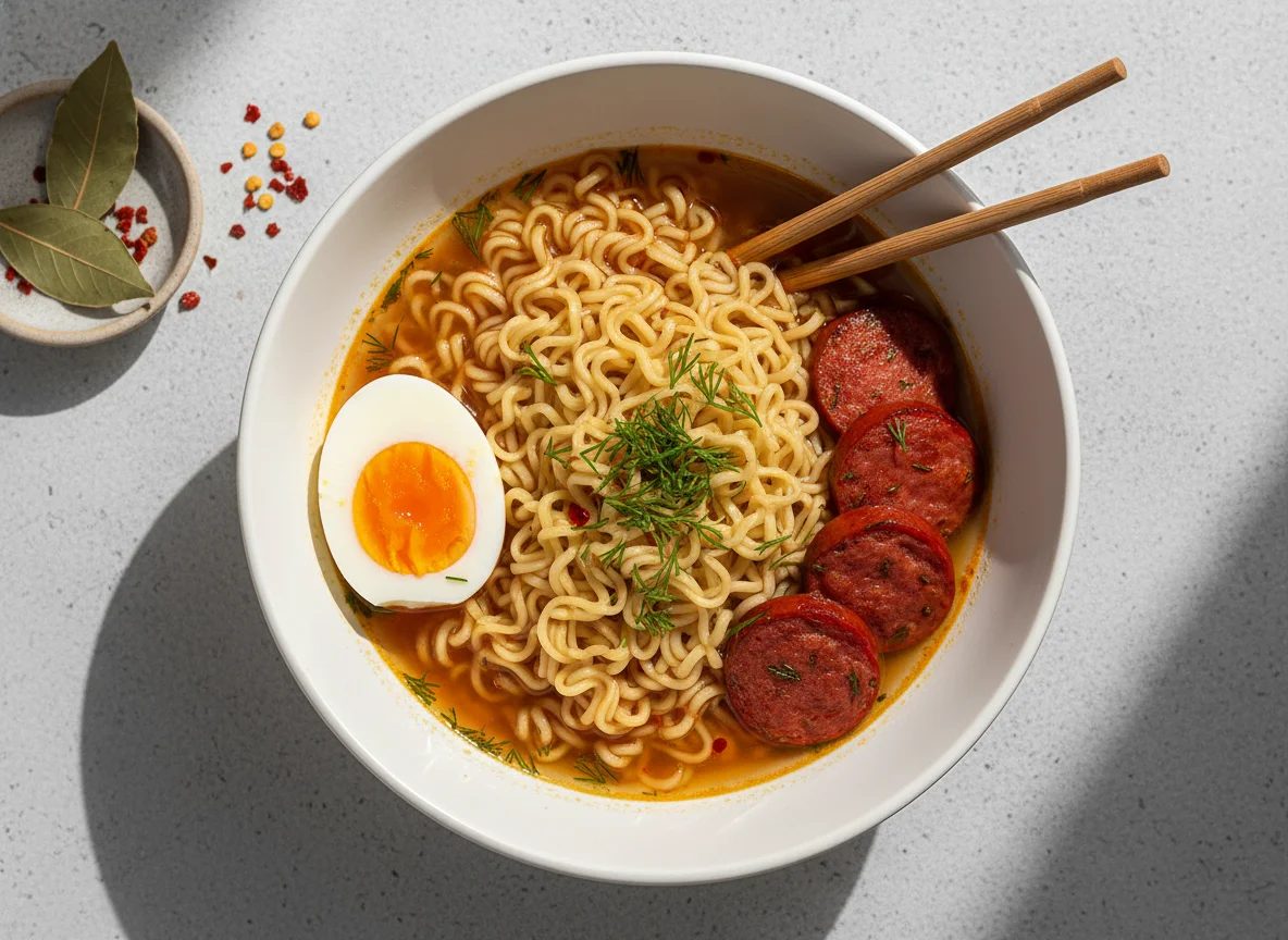 Лапша быстрого приготовления с яйцом и сосиской photo