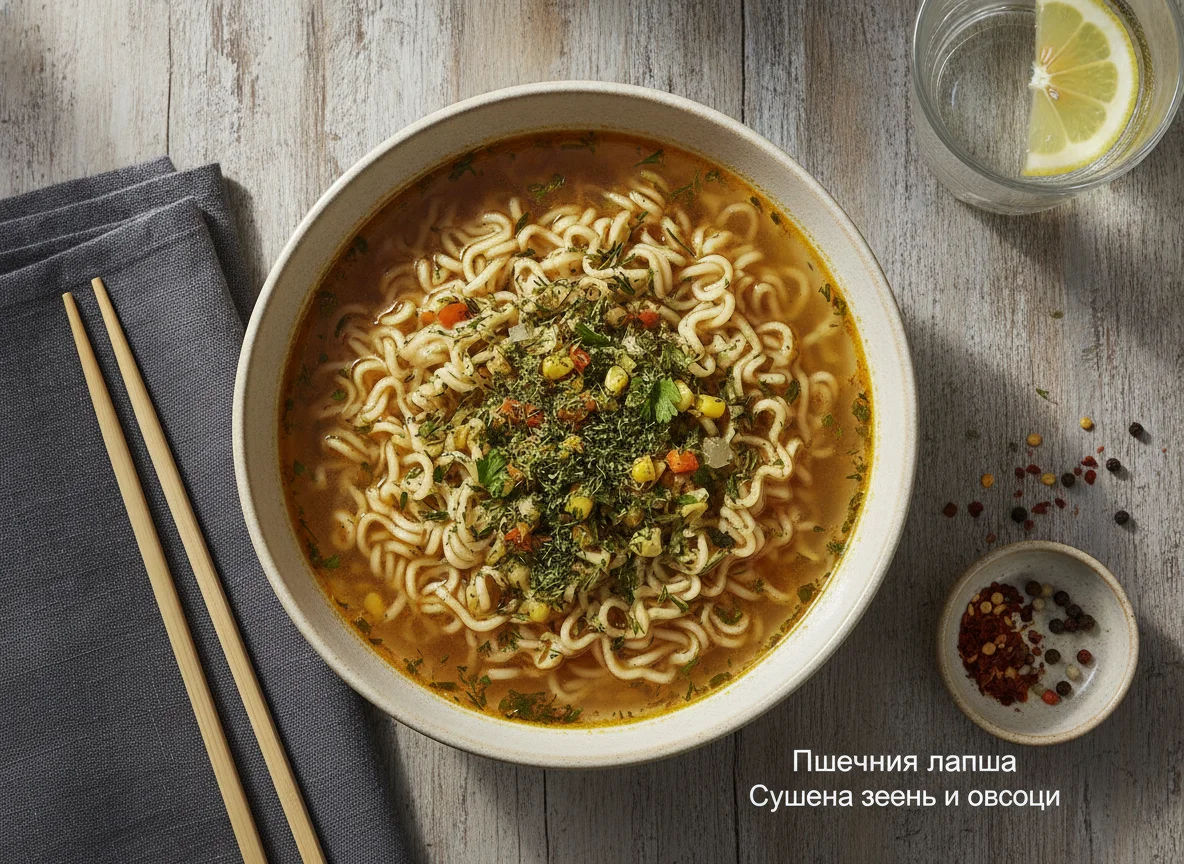 Лапша быстрого приготовления с бульоном и зеленью photo