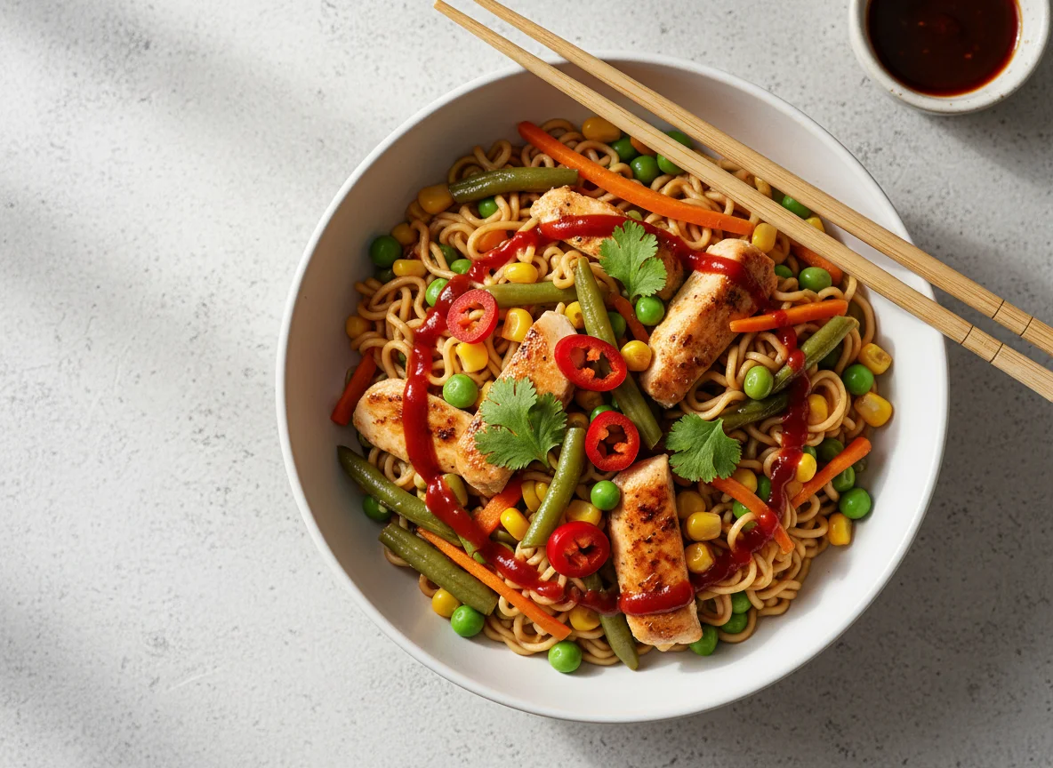 Лапша быстрого приготовления с курицей и овощами photo