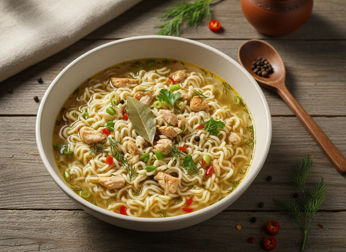 Лапша быстрого приготовления с курицей и травами photo