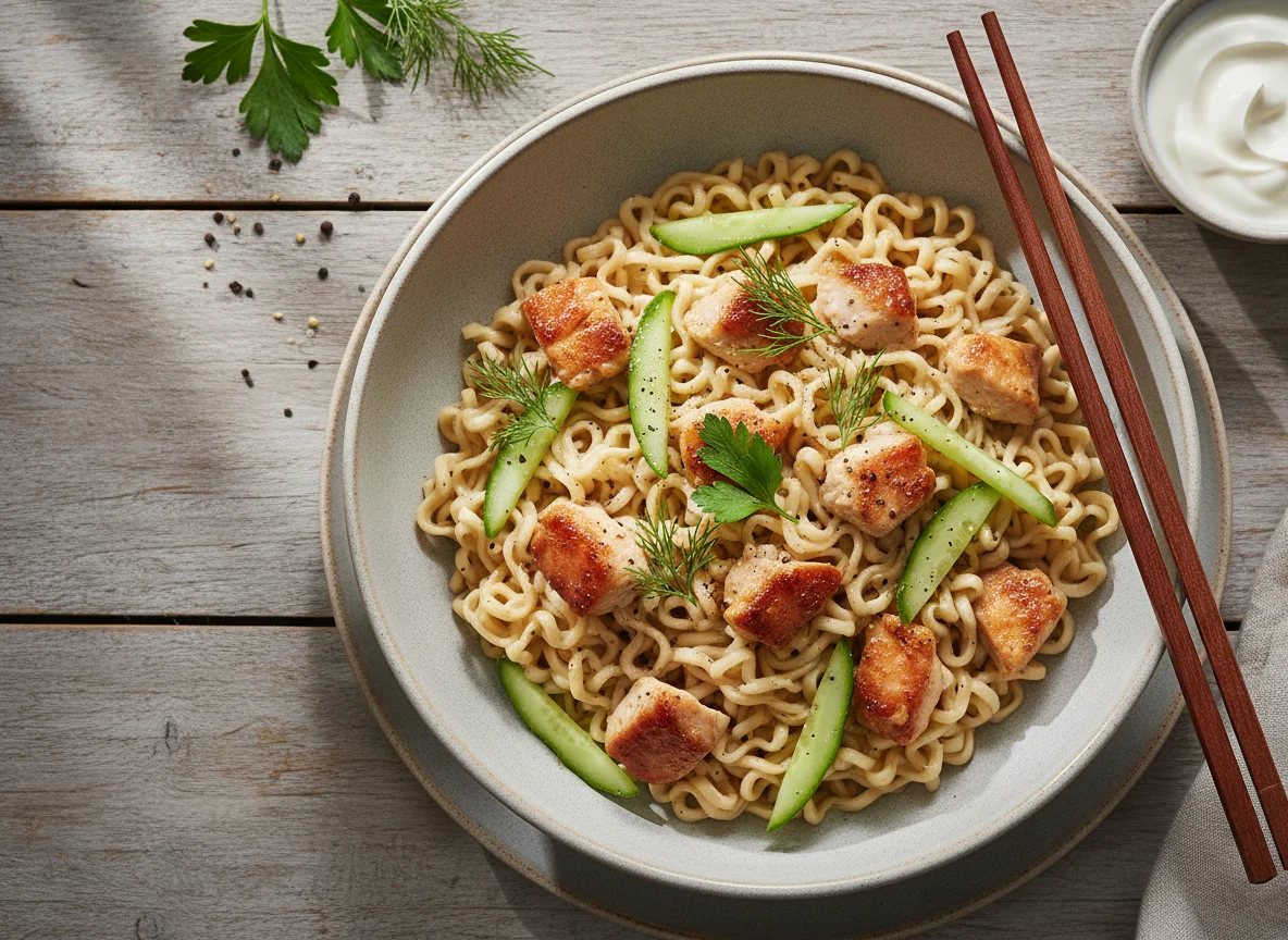 Лапша быстрого приготовления с мясом и огурцом photo