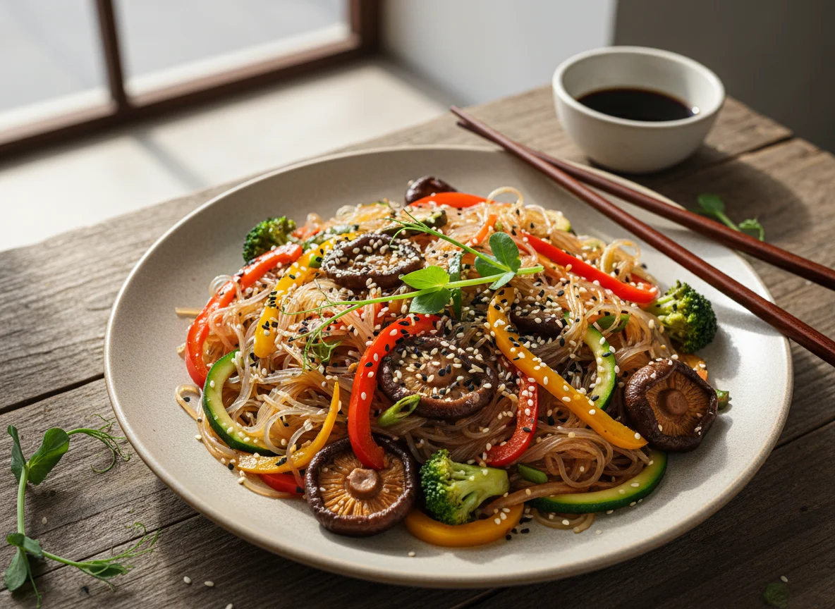 Лапша фунчоза с овощами и грибами photo