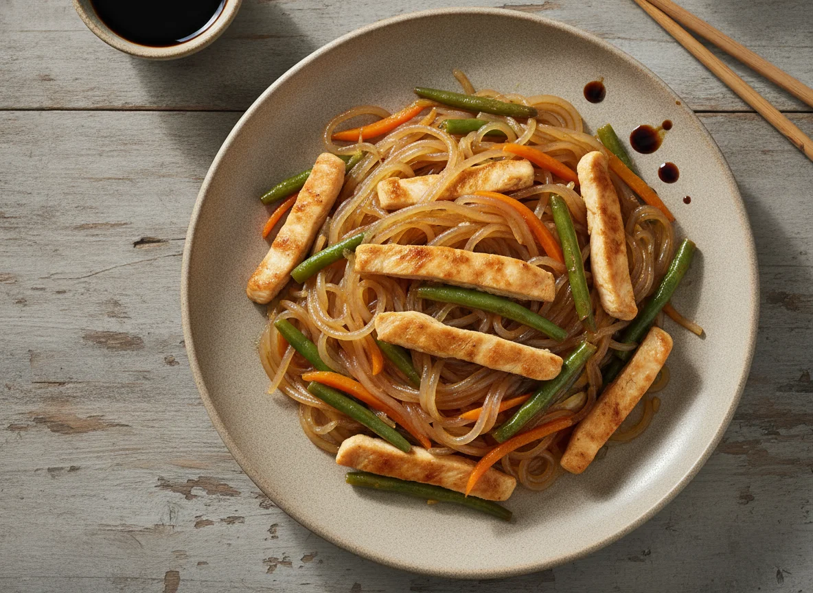 Лапша конняку с курицей и овощами photo
