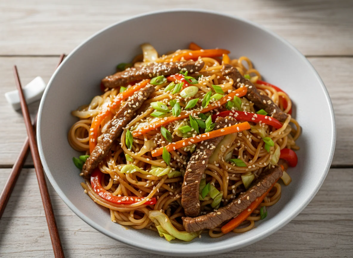 Лапша с говядиной и овощами photo