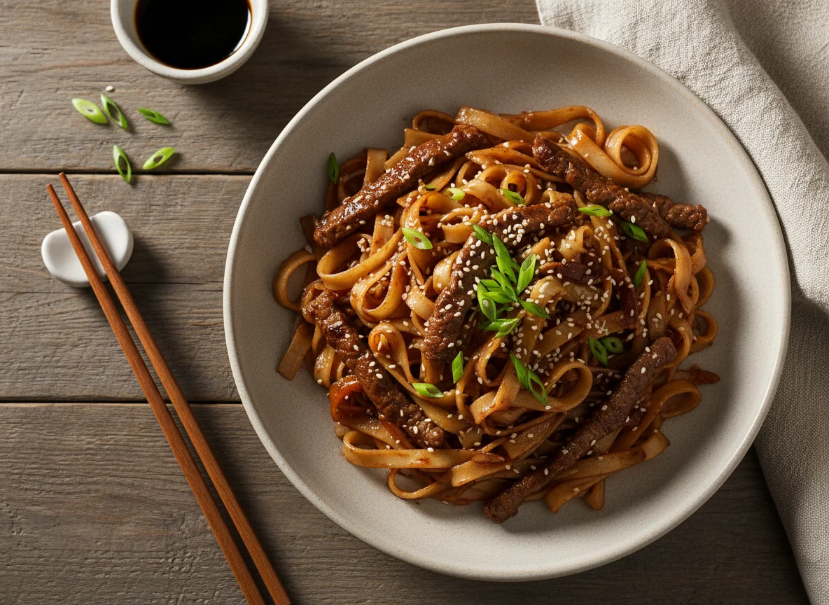 Лапша с говядиной и соусом photo