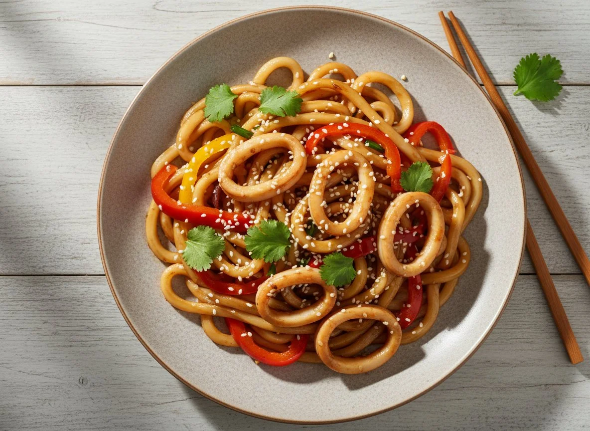 Лапша с кальмарами и овощами photo