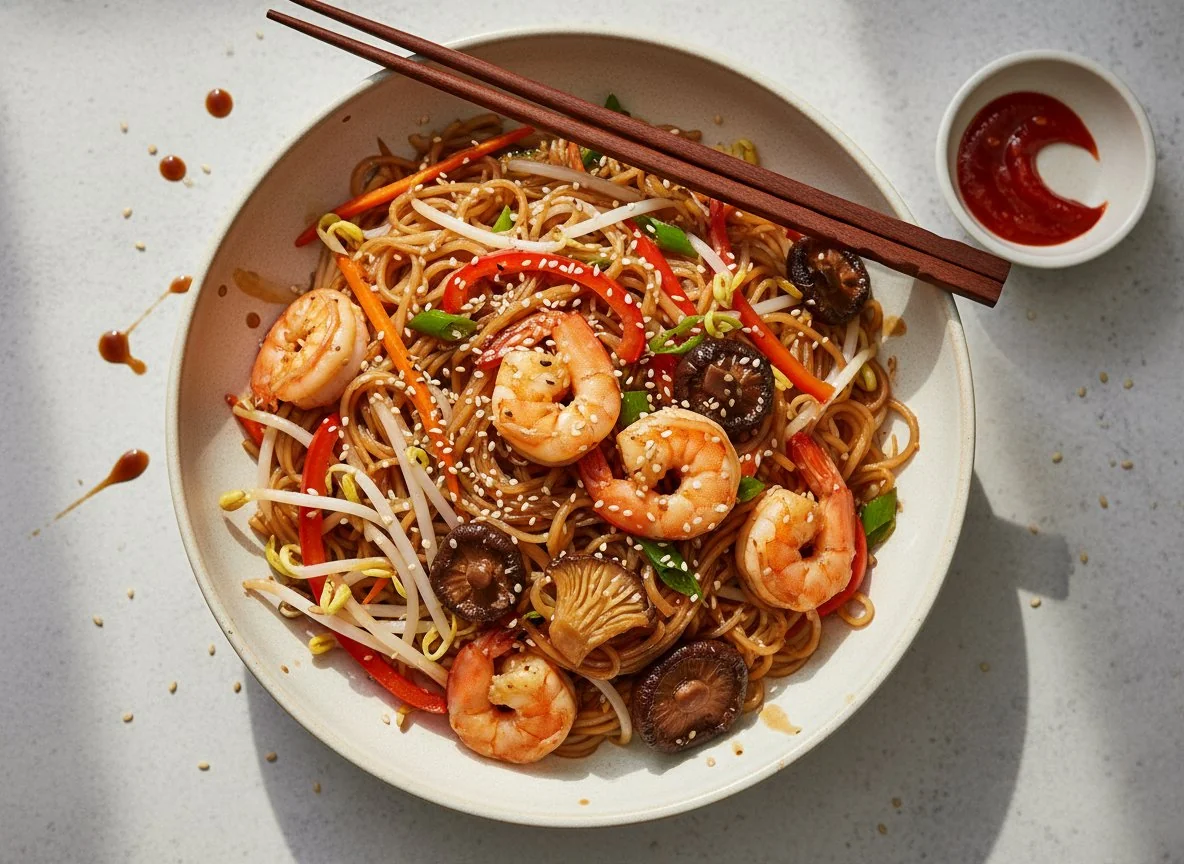 Лапша с креветками и овощами photo