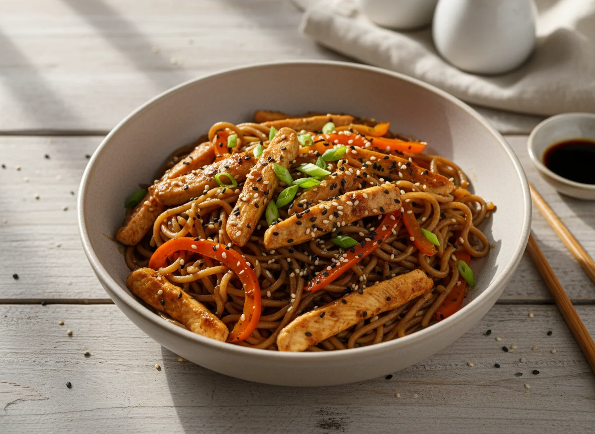 Лапша с курицей и перцем photo