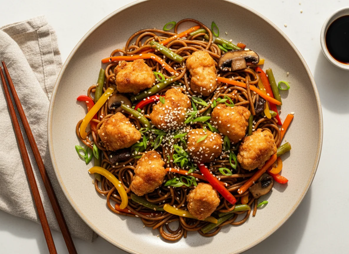 Лапша с курицей в кляре и овощами photo