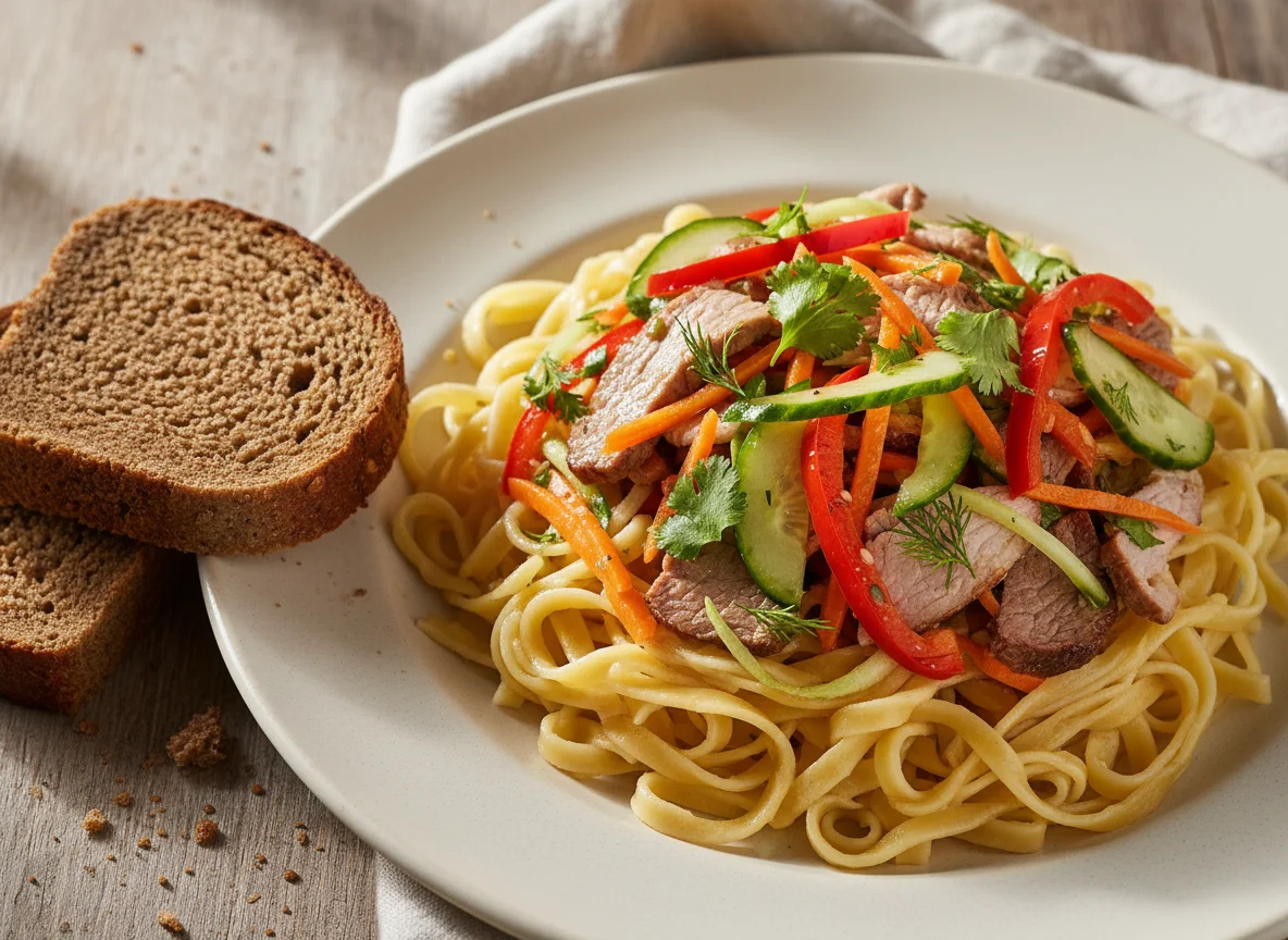 Лапша с мясным салатом и хлебом photo