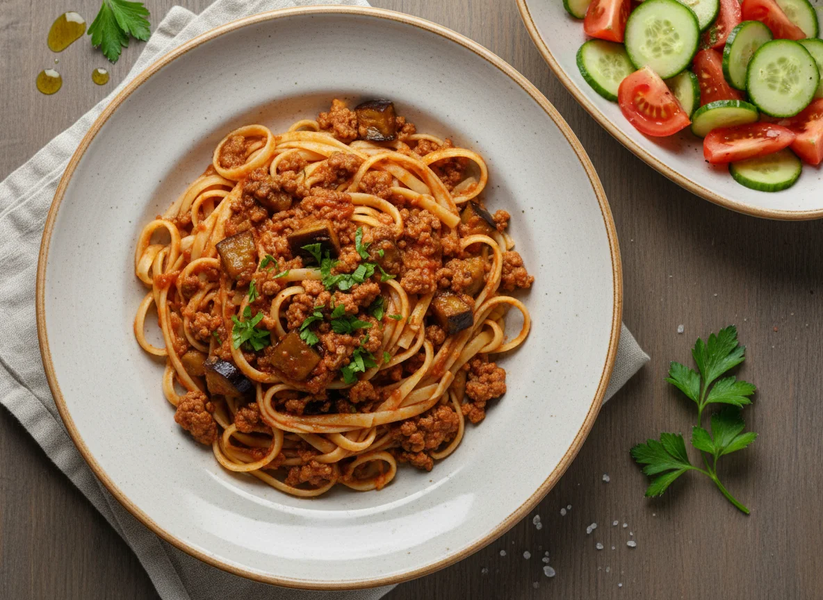 Лапша с мясным соусом и овощным салатом photo