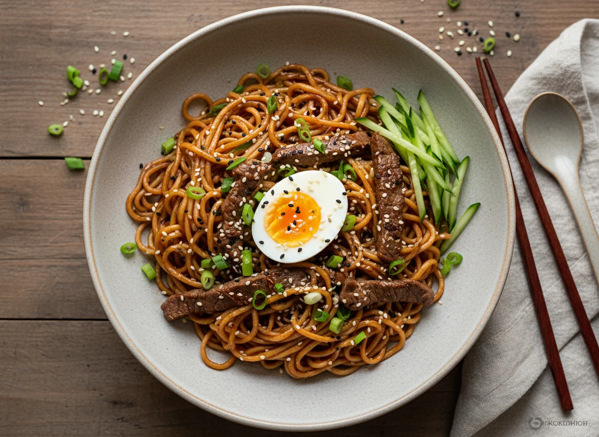 Лапша с мясом и яйцом photo