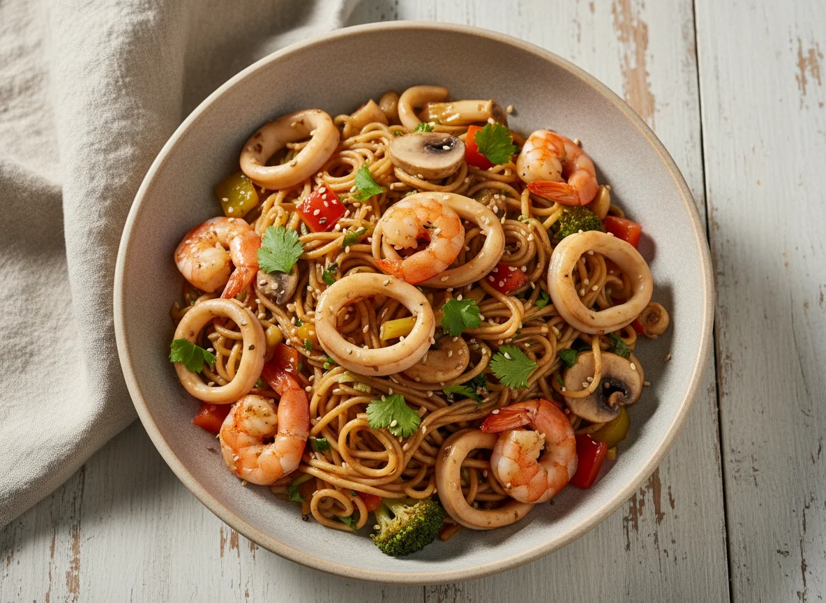 Лапша с морепродуктами и овощами photo