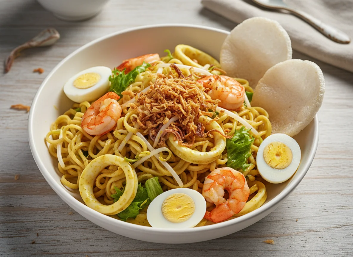 Лапша с морепродуктами и перепелиными яйцами photo