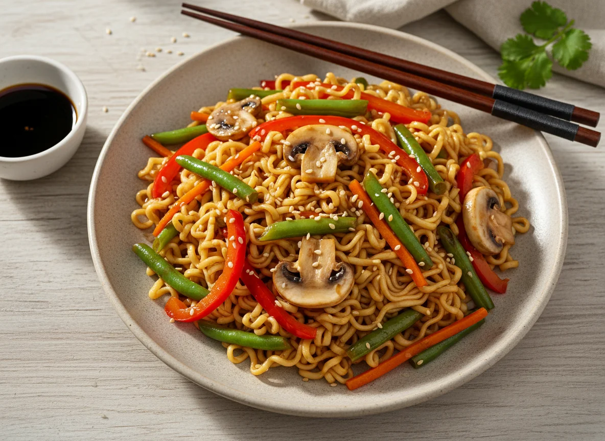 Лапша с овощами и грибами photo