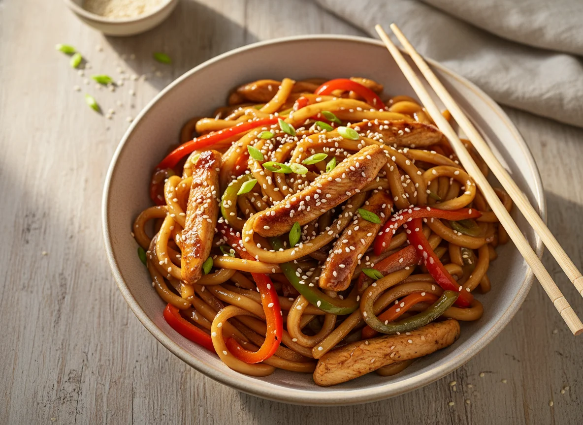 Лапша с овощами и курицей в соусе photo