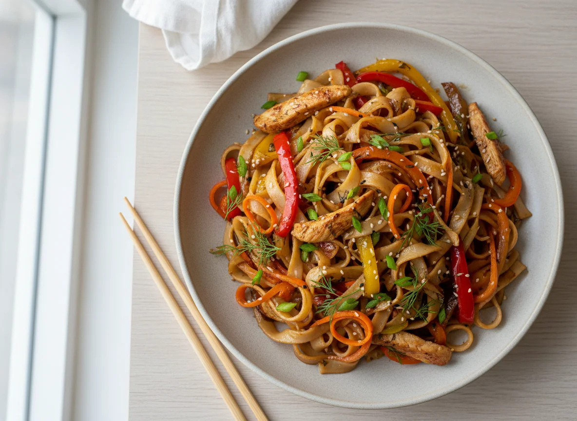 Лапша с овощами и мясом photo