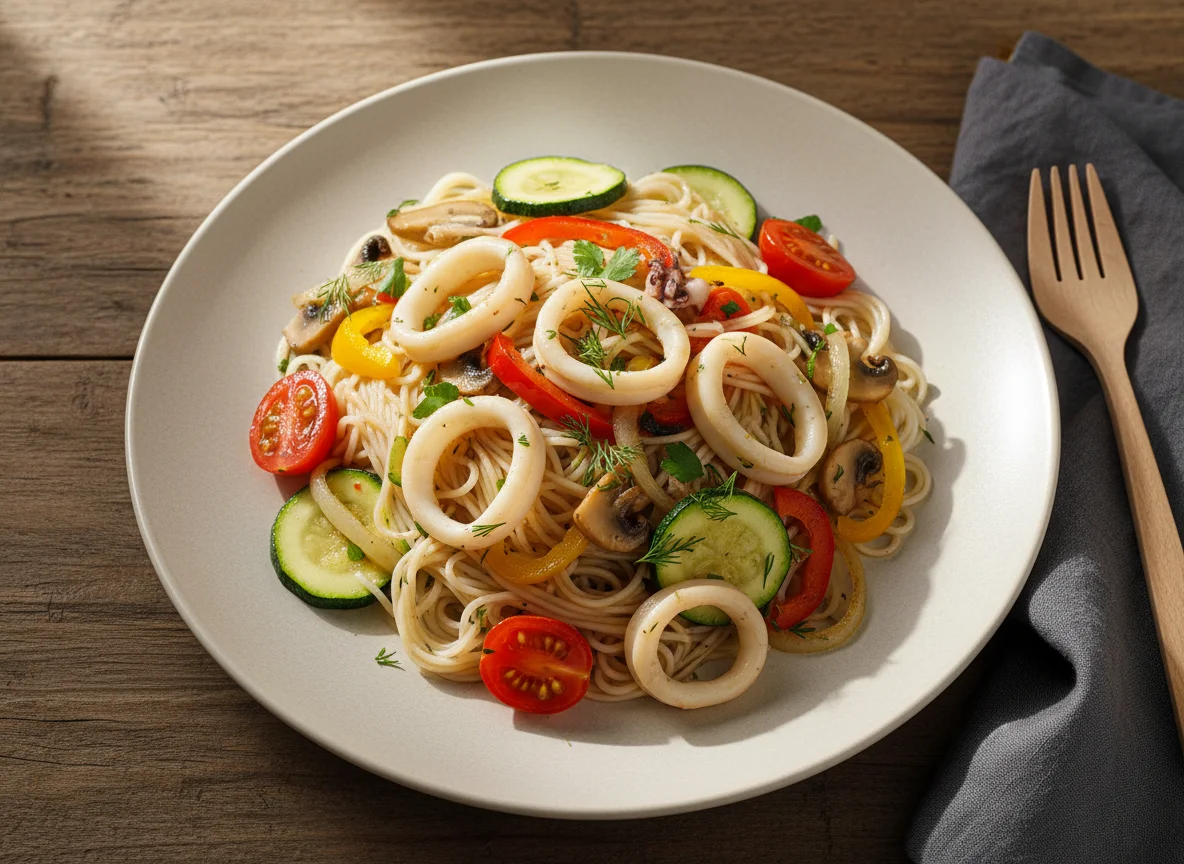 Лапша с овощами и морепродуктами photo