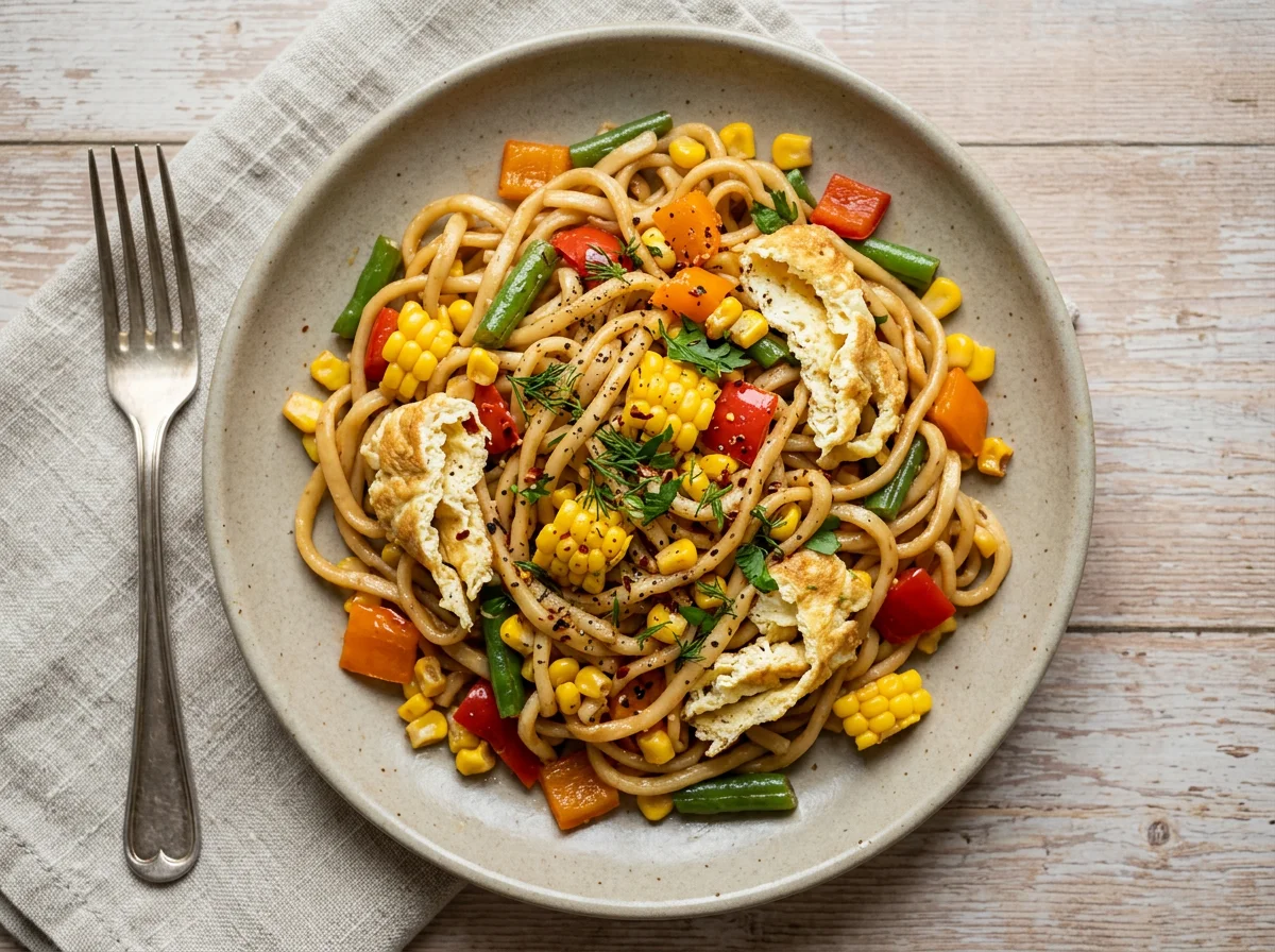 Лапша с овощами и омлетом photo