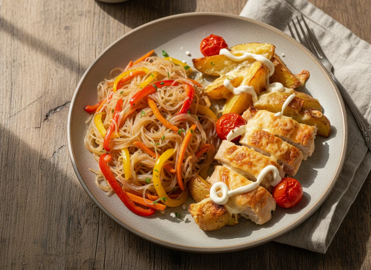 Лапша с овощами и запеченное мясо с картофелем и томатами photo