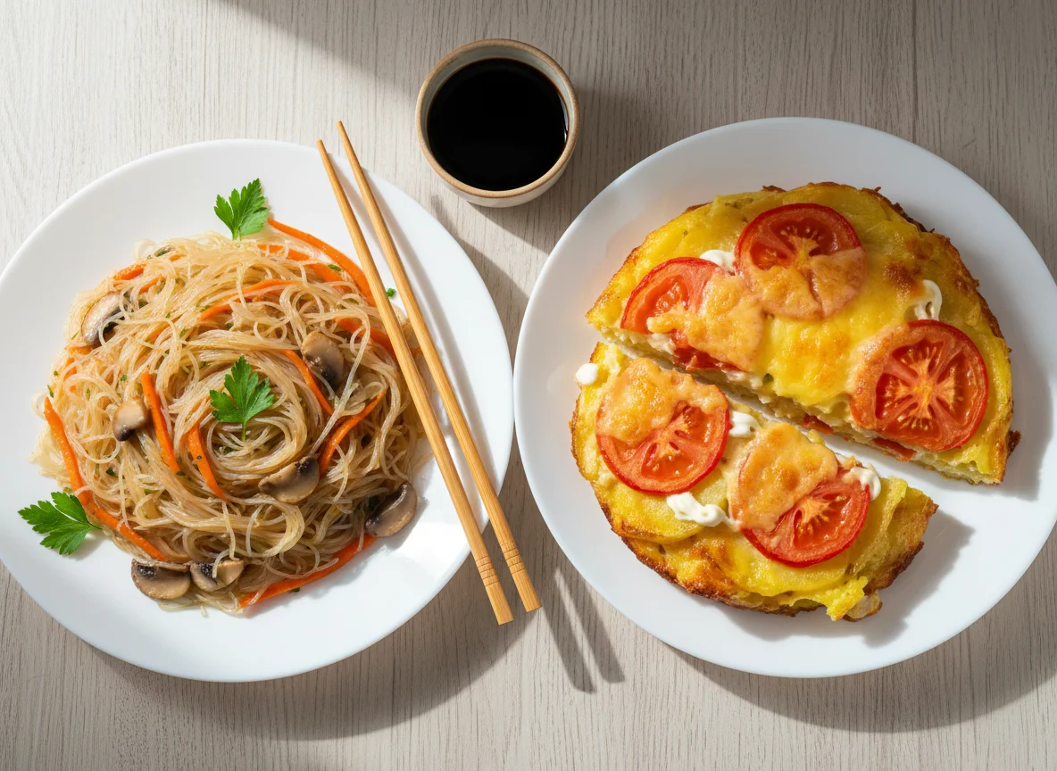 Лапша с овощами и запеканка из картофеля с помидорами и сыром photo