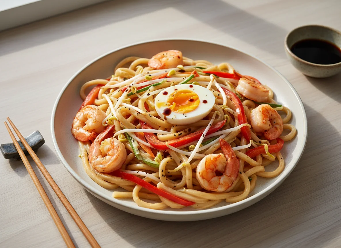 Лапша с овощами, креветками и яйцом photo