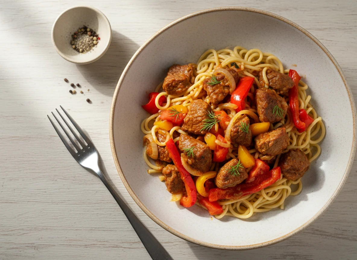 Лапша с тушеным мясом и овощами photo