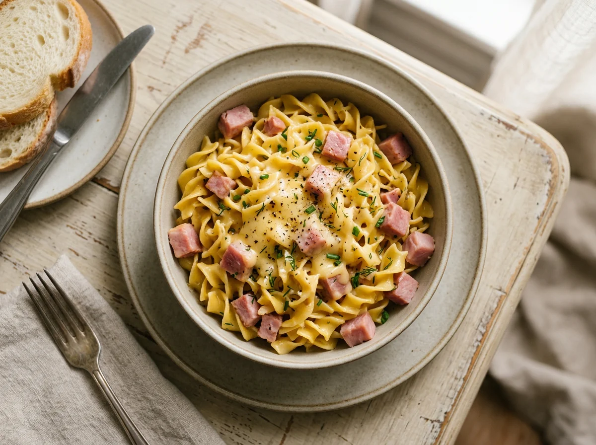 Лапша с ветчиной и сыром photo