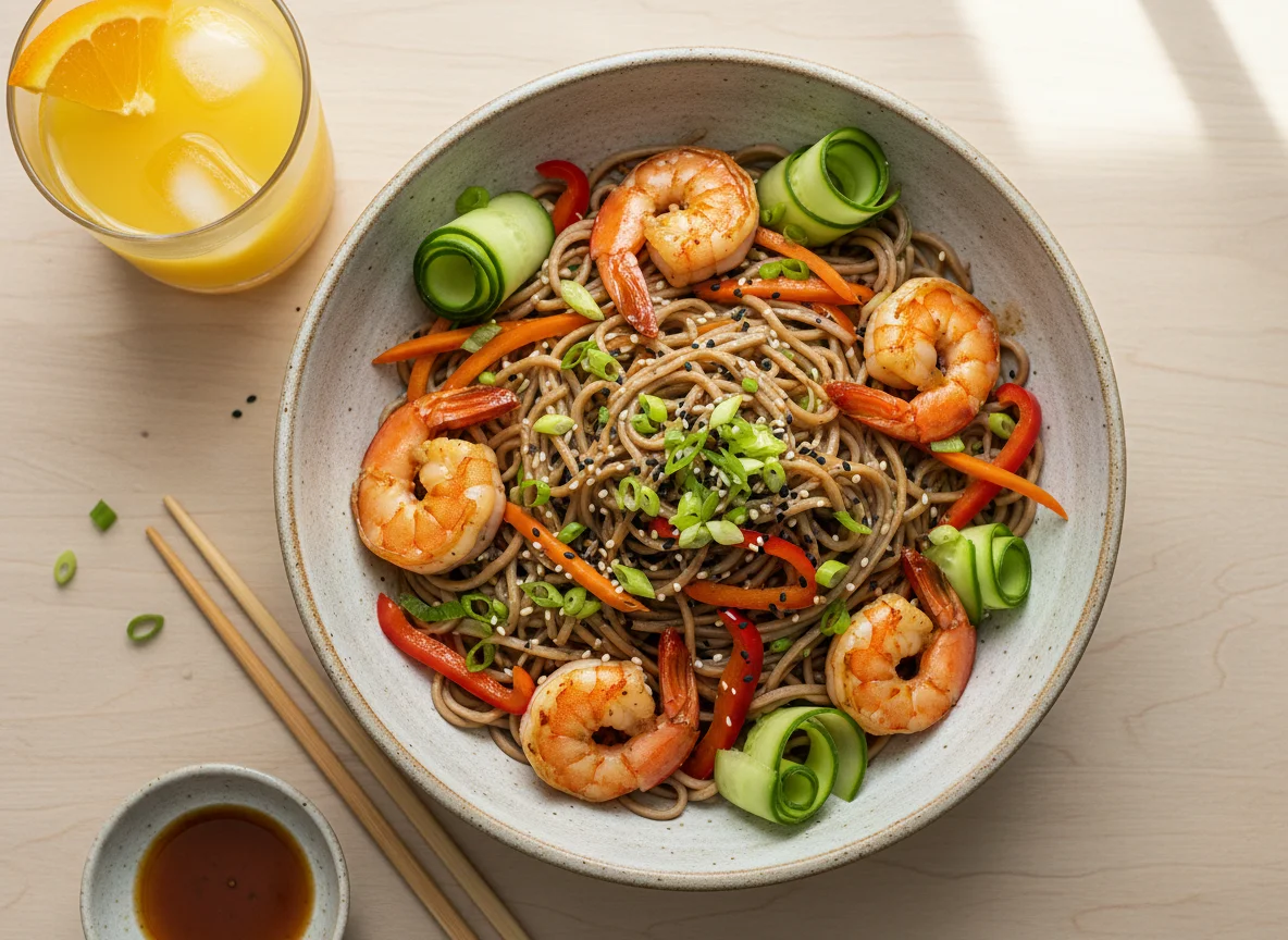 Лапша соба с креветками и овощами, апельсиновый сок photo