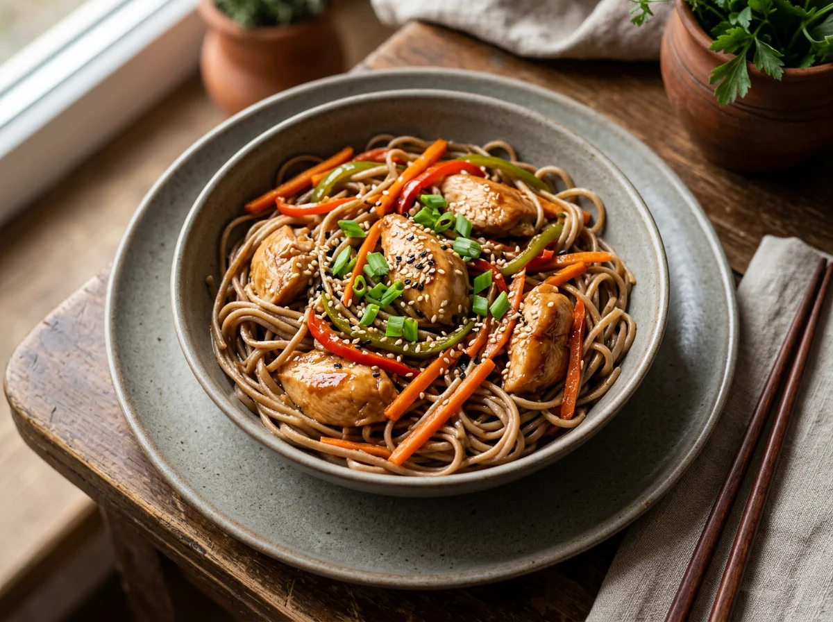 Лапша соба с курицей и овощами photo