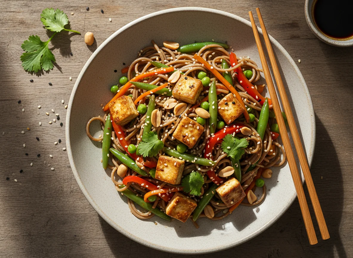 Лапша соба с овощами и тофу photo