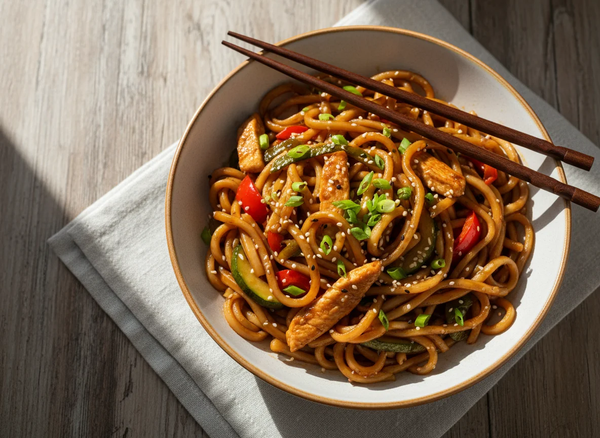 Лапша удон с курицей и овощами photo