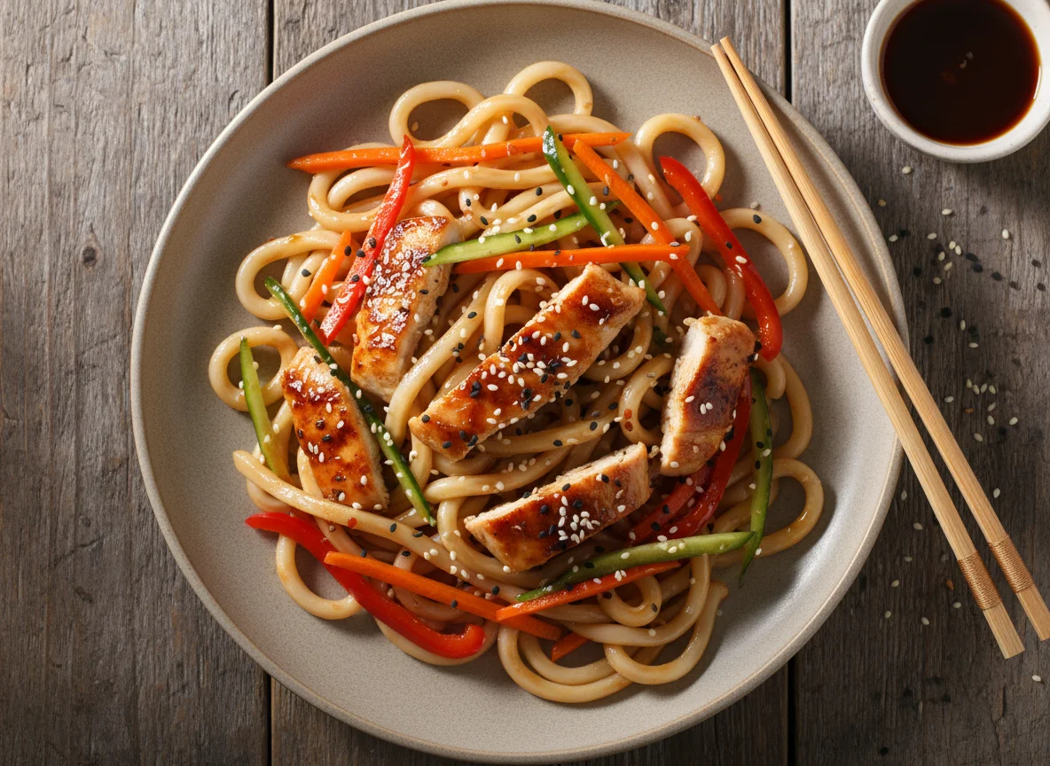 Лапша Удон с курицей и овощами в соусе терияки photo