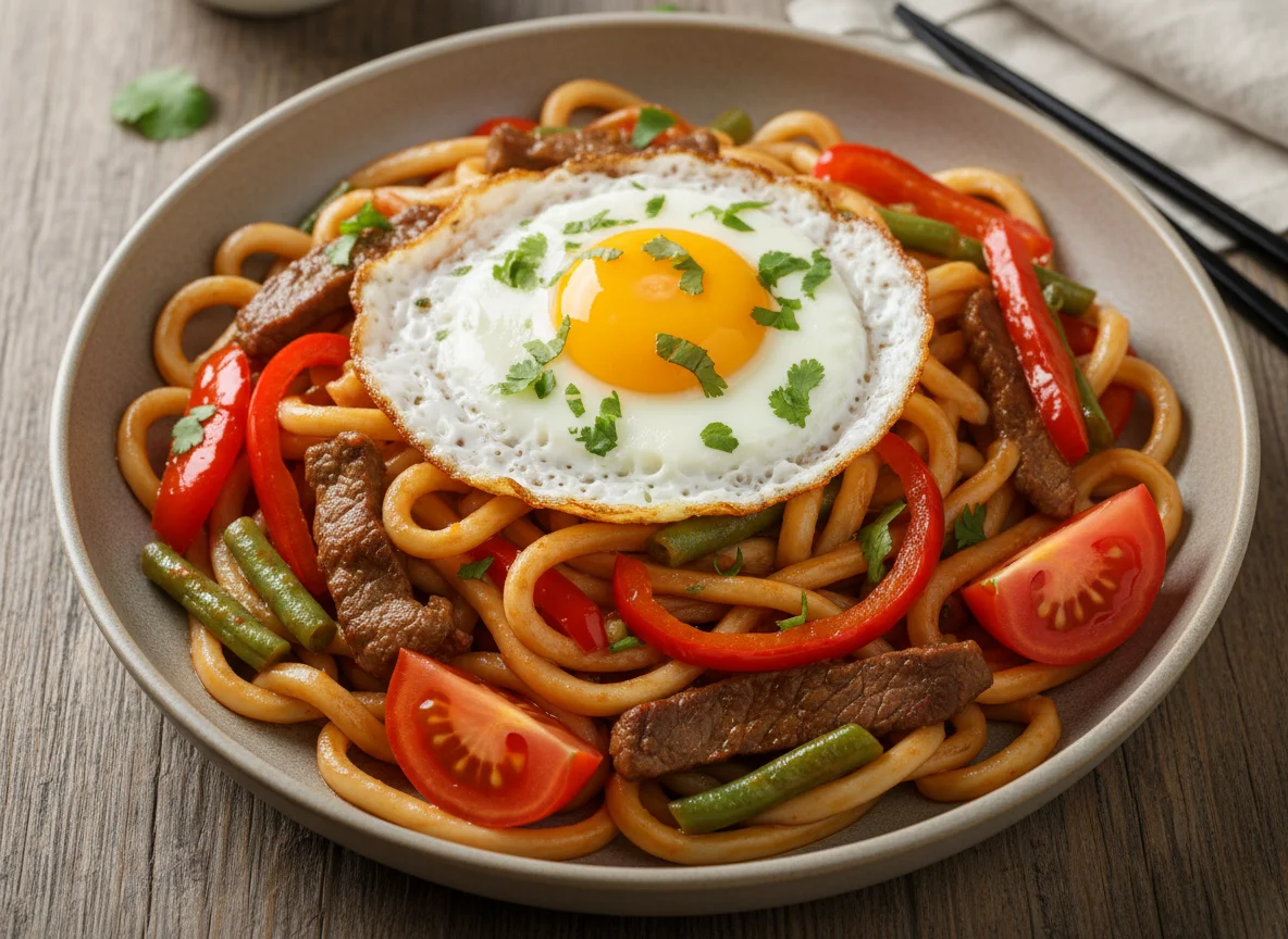 Лапша удон с мясом, овощами и яйцом photo