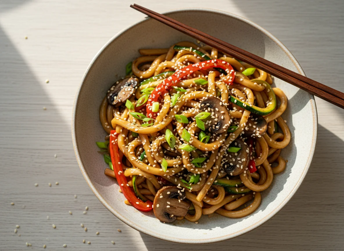 Лапша удон с овощами и грибами photo