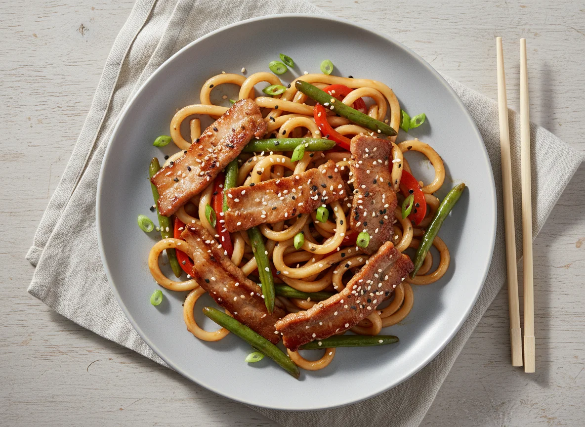 Лапша удон со свининой и овощами photo