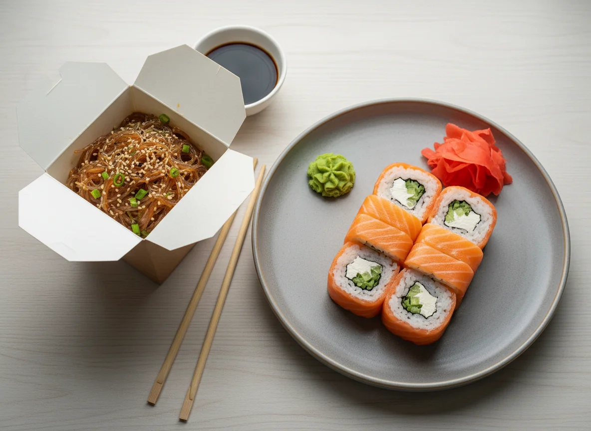 Лапша в коробке и роллы Филадельфия photo