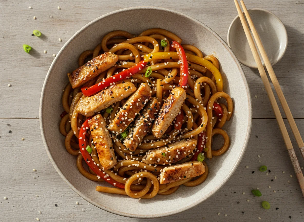 Лапша вок с курицей и кунжутом photo