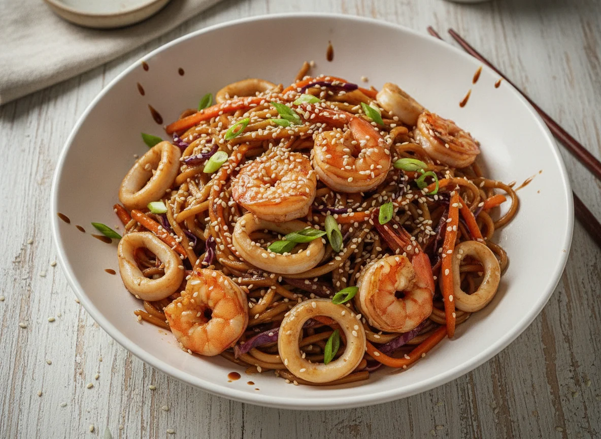 Лапша вок с морепродуктами и овощами photo