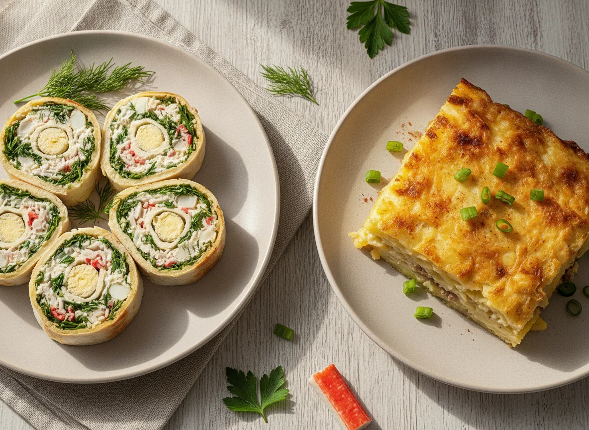 Лаваш рулеты с крабовыми палочками и картофельная запеканка photo